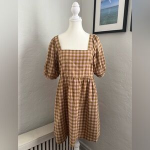 Madewell Pink Checkered Puff Sleeve Mini Dress